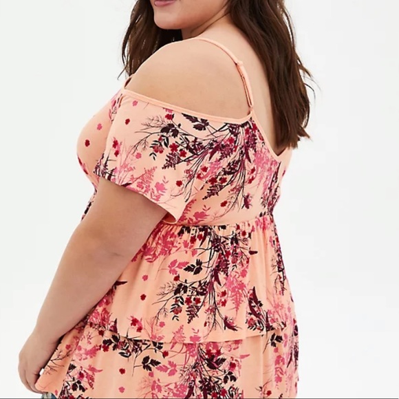 Super Soft Peach Floral Cold Shoulder Babydoll Top - Picture 4 of 7